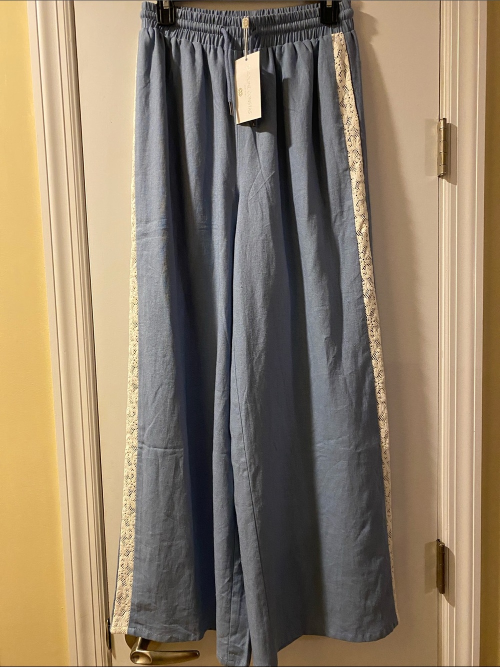 Caroline Constas New York Linen Stretch Powder Blue Lace Wide Leg Pants NWT